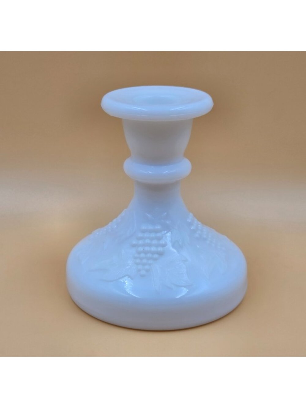 L E Smith Grapes and Leaves Milk Glass Candlestick Vintage